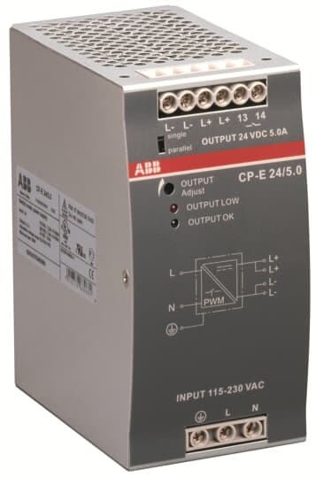 ABB 1SVR427034R0000 The CP-E 24/5.0 is a power supply from the CP-E range. The primary switch mode power supply offers a wide range input of 90-132 V AC, 180-264 V AC and 210-375 V DC, rated input voltage is 115 or 230 V AC (auto select). The rated output power is 120 W, rated output current is 5 A at an output voltage of 24 V DC. The output voltage is adjustable within a range of 22.5 to 28.5 V DC. The power supply provides an U/I output characteristic. In order to increase capacity, up to 3 units can be connected in parallel. A redundancy unit is available as accessory.