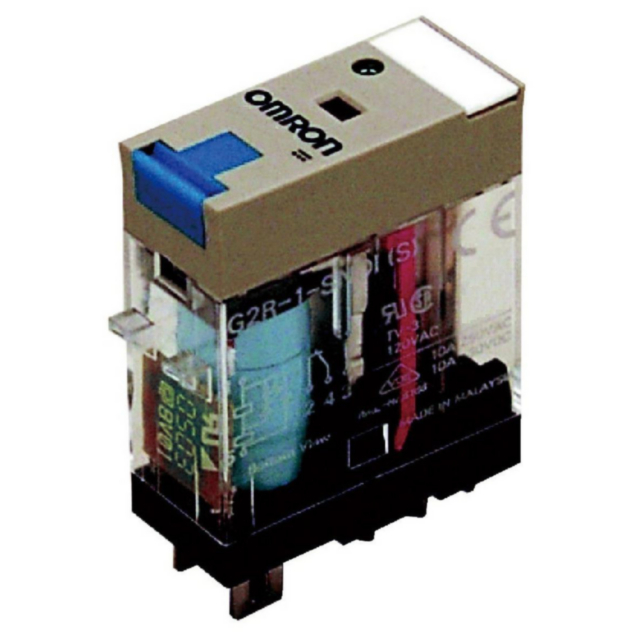 Omron G2R1SNDIDC24S Relay, plug-in, 5-pin, SPDT, 10 A, mech & LED indicators, coil suppressor, lockable test button, label facility