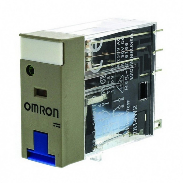 Omron G2R2SNIDC24S Relay, plug-in, 8-pin, DPDT, 5 A, mech & LED indicators, lockable test button, label facility