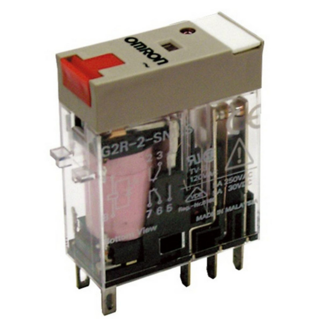 Omron G2R2SNIAC24S Relay, plug-in, 8-pin, DPDT, 5 A, mech & LED indicators, lockable test button, label facility