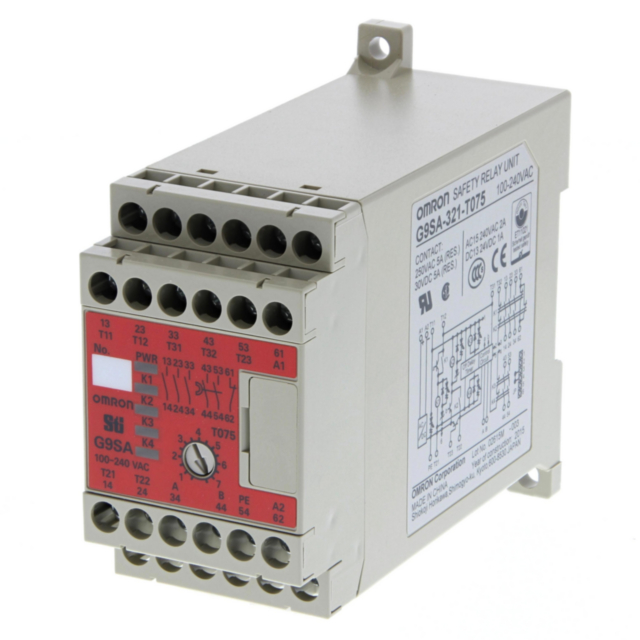Omron G9SA321T075ACDC24 Safety relay unit, 3PST-NO (Category 4), 5 A, SPST-NC aux, DPST-NO 0.5 to 7.5sec 'OFF-delay' category 3 outputs, 1 or 2 channel input