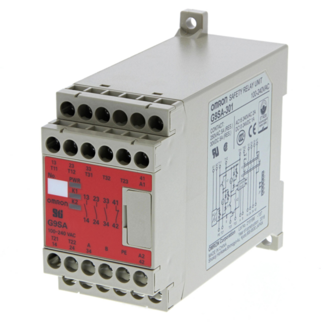 Omron G9SA301ACDC24 Safety relay unit, 3PST-NO (Category 4), 5 A, SPST-NC aux, 1 or 2 channel input