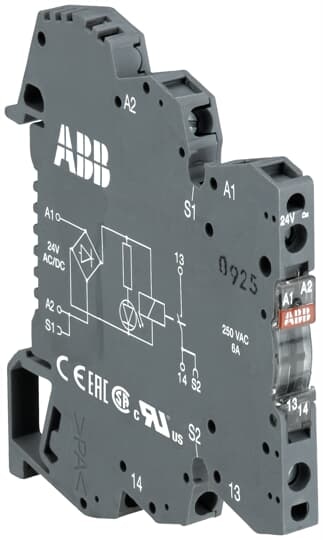 ABB 1SNA645073R0000 The RB121-12VDC is a boxed interface relay with screw terminals, which can be seemlessly snap-on mounted onto a DIN Rail. The relay is soldered into device housing, ensuring a high resistance against vibration.This relay operates with a 12 V DC rated control supply voltage and has a 1 c/o (SPDT) output with contacts rated at 250 V / 6 A. This 6mm wide boxed interface relay may be used for electrical isolation, amplification and signal matching and enables the switching of high currents on a small footprint. It has an integrated LED, which provides the visual indication of the energization of the relay coil and UL 94-V0 certified device housing, improving safety by providing high levels flame retardation. Jumper bars are available as accessories.