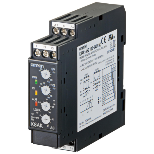 Omron K8AKAS1100240VAC Monitoring relay 22.5mm wide, Single phase over or under current 2 to 500mA AC or DC, One SPDT, 100-240 VAC
