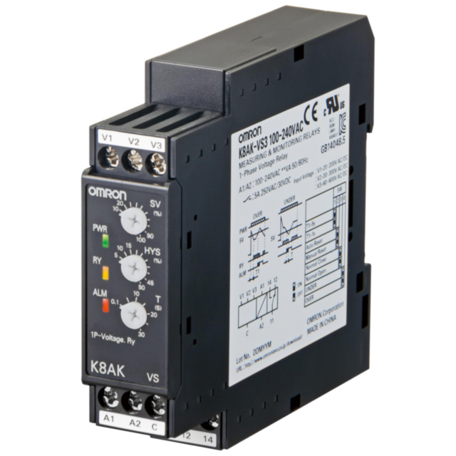 Omron K8AKVS2100240VAC Monitoring relay 22.5mm wide, Single phase over or under voltage 1 to 150V AC or DC, One SPDT, 100-240 VAC