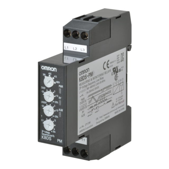 Omron K8DSPM2 Monitoring relay 17.5mm wide, over/under voltage, phase sequence and loss, 3-phase 3-wire, 380 to 400 VAC, one SPDT