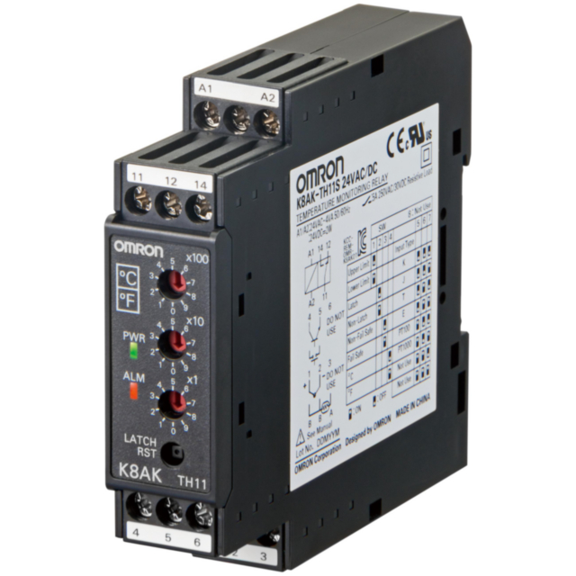 Omron K8AKTH11S100240VAC Monitoring relay 22.5 mm wide, over or under temperature, 0-999 °C/F Thermocouple and PT100 input types, One SPDT