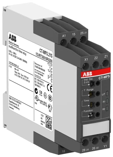 ABB 1SVR730010R0200 The CT-MFS.21S is a multifunction electronic time relay from the CT-S timer range. It provides 10 timing functions with 10 time ranges from 0.05 s to 300 h. This time relay operates with a rated control supply voltage of 24 - 240 V AC / DC and has a 2 c/o (SPDT) output with contacts rated at 250 V / 4 A. Two control inputs work with volt-free (floating) triggering.The CT-MFS.21S offers the possibility of connecting a remote potentiometer for the fine adjustment of the time delay. The second of the c/o contacts can be selected as an instantaneous contact. A sealable transparent cover for protection against unauthorized changes is available as accessory. The device offers screw connection technology with double-chamber cage connection terminals.