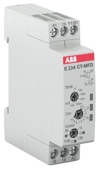ABB 1SVR500020R0000 The CT-MFD.12 is a multifunction electronic time relay from the CT-D timer range. It provides 7 timing functions with 7 time ranges from 0.05 s to 100 h. This time relay operates with a rated control supply voltage of 24 - 48 V DC / 24 - 240 V AC and has a 1 c/o (SPDT) output rated at 250 V / 6 A. A control input works with voltage-related (non-floating) triggering.