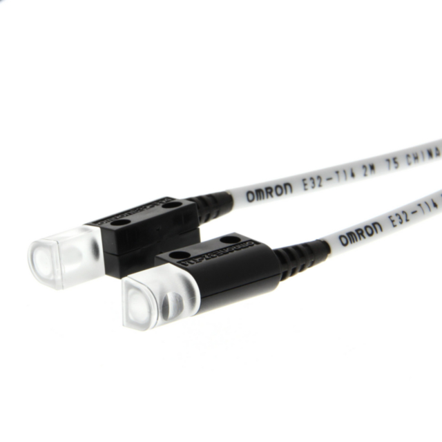 Omron E32T14 Fiber optic sensor head, through-beam, long distance detection, square, side-view, R25 fiber, 2 m cable