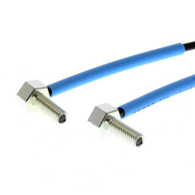 Omron E32LT11N2M Fiber optic sensor head, retro-reflective, long distance detection, M4 hexagonal back, right-angled head, integrated lens, R2 flexible fiber, 2 m cable