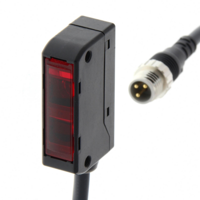 Omron E3SLS3PWM3J03M Photoelectric sensor, limited reflective, compact square, 10 to 60mm range, PNP, red LED, M8-4pin pig-tail connector