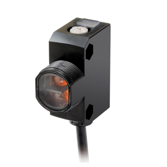 Omron E3ZFDP122M Photoelectric sensor, rectangular housing with M18 threaded barrel, red LED, diffuse, 300 mm, PNP, Light-ON/Dark-ON, 2 m cable