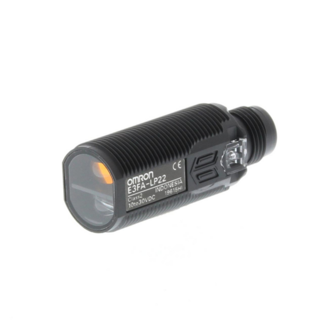 Omron E3FALP22 Photoelectric sensor, M18 threaded barrel, plastic, red LED, background suppression, 200 mm, PNP, Light-ON/Dark-ON, M12 connector