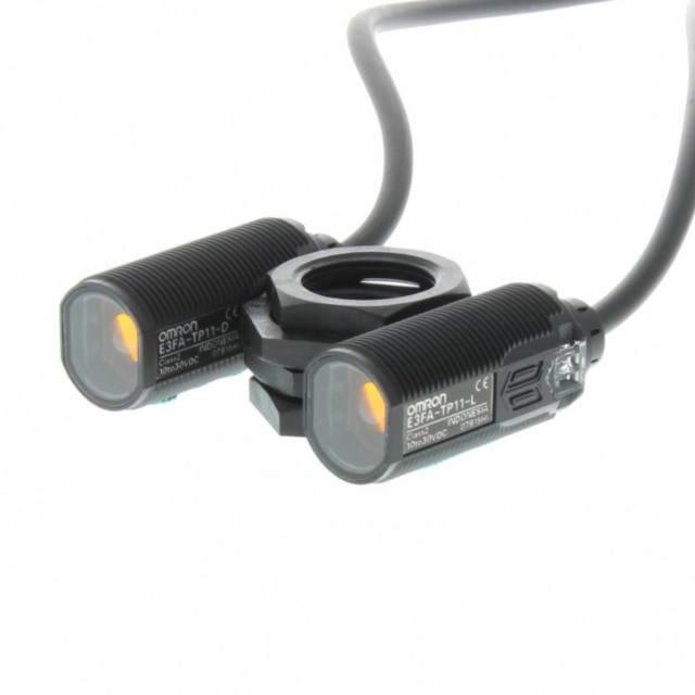 Omron E3FATN112M Photoelectric sensor, M18 threaded barrel, plastic, red LED, through-beam, 20 m, NPN, Light-ON/Dark-ON, 2 m cable
