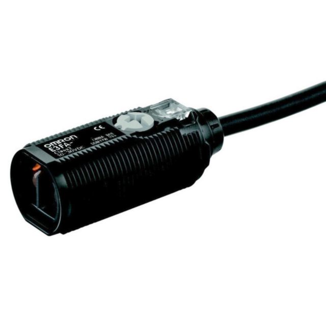 Omron E3FADN122M Photoelectric sensor, M18 threaded barrel, plastic, red LED, diffuse, 300 mm, NPN, Light-ON/Dark-ON, 2 m cable