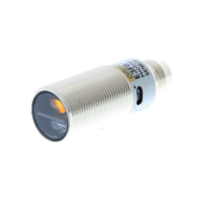 Omron E3FBLP22 Photoelectric sensor, M18 threaded barrel, metal, red LED, background suppression, 200 mm, PNP, Light-ON/Dark-ON, M12 connector
