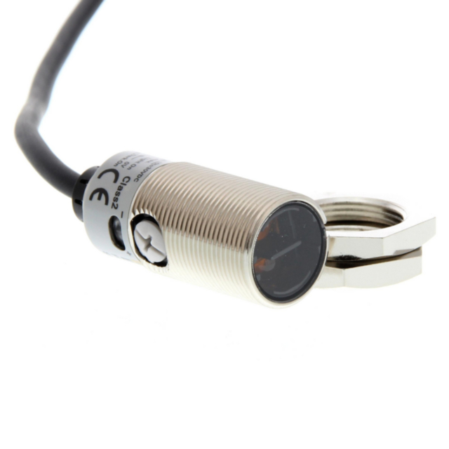 Omron E3FBDP112M Photoelectric sensor, M18 threaded barrel, metal, red LED, diffuse, 100 mm, PNP, Light-ON/Dark-ON, 2 m cable