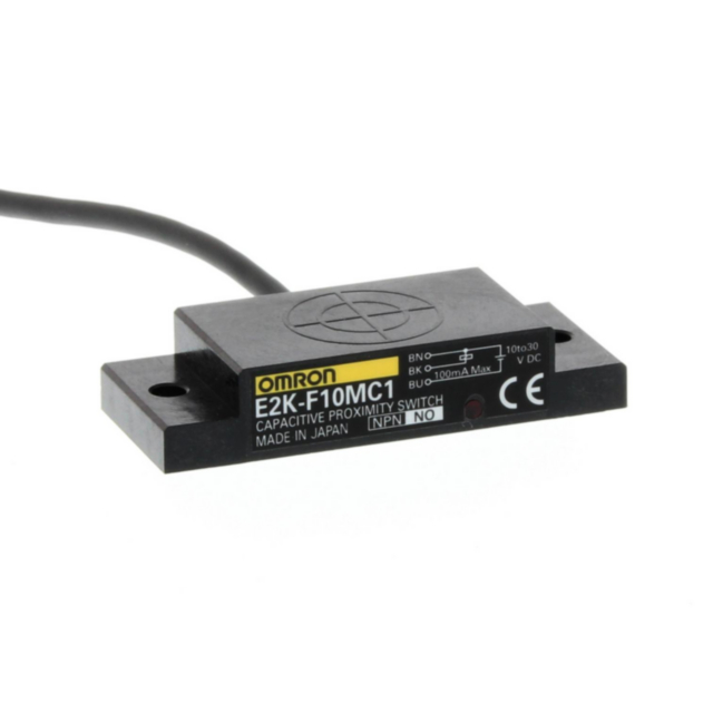 Omron E2KF10MC1 Proximity sensor, capacitive, flat, unshielded, 10mm, DC, 3-wire, NPN-NO, 2m cable