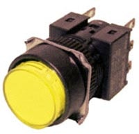 Omron A165LTYM24D1 Pushbutton complete, dia. 16 mm, lighted LED 24 VDC, round projected, yellow, momentary operation, IP65, SPDT contact block, solder terminal