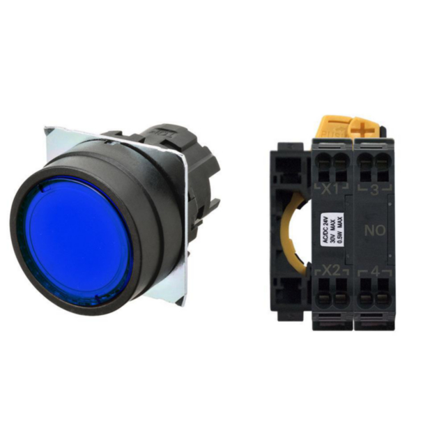 Omron A22NLBNMTAAP100AC Pushbutton A22NL Ø22, bezel plastic, FLAT, MOMENTARY, CAP COLOR Transparent BLUE, LED BLUE, 1NO, 24 VDC, push-in terminal