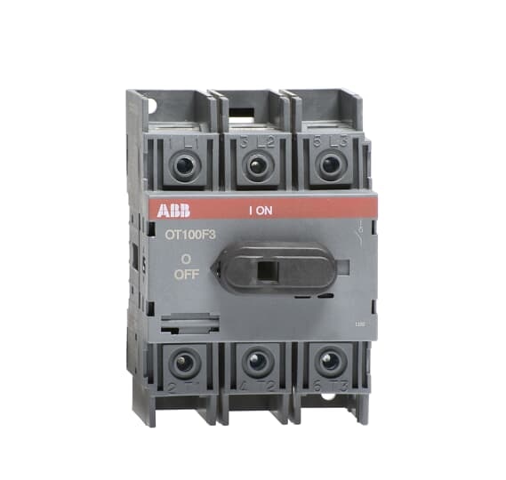 ABB OT100F3 3-pole, front operated, base mounted, DIN-rail mountable switch-diconnector / non-fusible diconnect switch with front protected clamp terminals, handle and shaft are not included