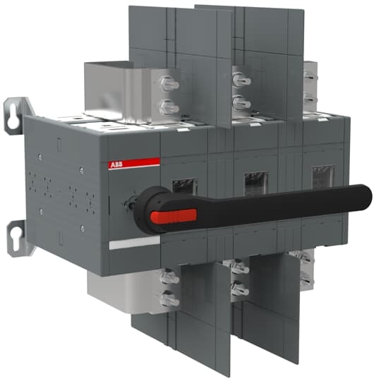 ABB OT1600U03P 3-pole, front operated, base mounted non-fusible diconnect switch with black IP65 handle and shaft, terminal bolt kit included
