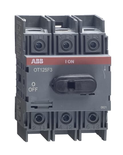 ABB OT125F3 3-pole, front operated, base mounted, DIN-rail mountable switch-diconnector / non-fusible diconnect switch with front protected clamp terminals, handle and shaft are not included