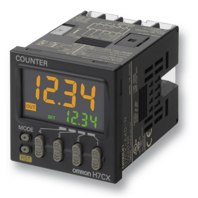 Omron H7CXA4DNDC1224 Counter, 1/16DIN (48 x 48mm), IP66, 4 preset & 4 actual count digits, multifunction:1-stage & total, SPST-NO 3 A relay output, 12-24 VDC/24 VAC supply, includes colour change display function