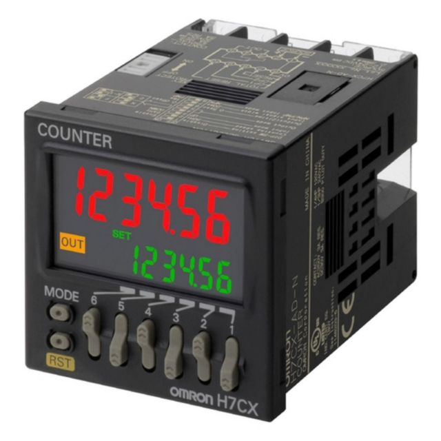 Omron H7CXAWNAC100240 Counter, 1/16DIN (48 x 48mm), IP66, 6 preset & 6 actual count digits, multifunction: 1-stage/2-stage/total/batch/ dual/tachometer, two relay outputs, 100-240 VAC supply, 12 VDC aux supply, includes color change display function