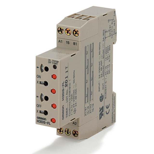 Omron H3DSFLAC24230DC2448 Timer, DIN rail mounting, 17.5 mm, 24-230 VAC/24-48 VDC, twin on & off-delay, 0.1 s-12 h, SPDT, 5 A, lockable settings, screw terminal type