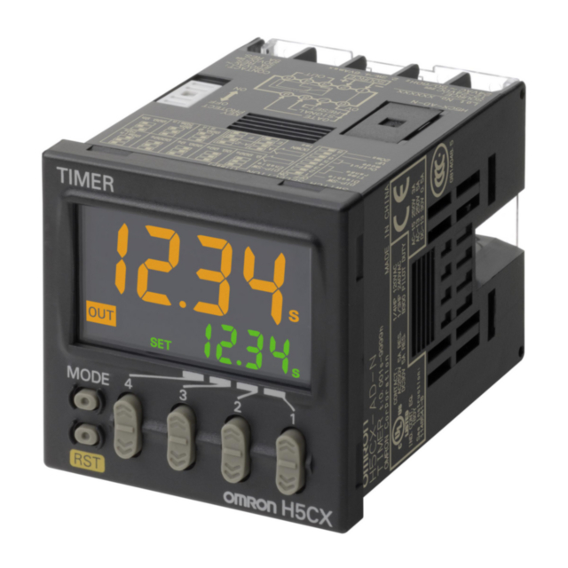 Omron H5CXADNAC24DC1224 Timer, DIN 48x48 mm, IP66, 4 preset & 4 actual time digits, multi range 0.01 s to 9999 h (10 ranges), multifunction, NPN/PNP/No voltage input selectable, SPDT 5 A relay output, 12-24 VDC/24 VAC supply, includes color change display function