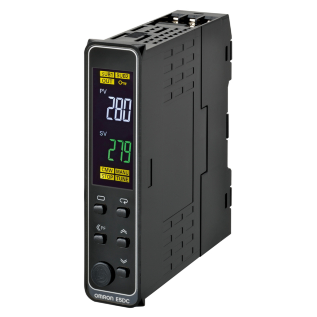 Omron E5DCRX2ASM000 Temp. controller, PRO, DIN Rail 22,5mm, Uni. I/P,1 x Rel. OUT,2 AUX,No cov.,100-240 VAC