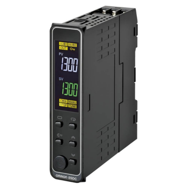 Omron E5DCQX2DSM002 Temp. controller, PRO, DIN Rail 22,5mm, Uni. I/P,1 x 12 VDC pulse OUT,2 AUX,RS-485,Ht. Burnout SSR fail.,No cov.,24VAC/DC