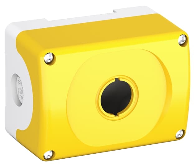 ABB MEPY10 MEPY1-0 Enclosure isone seat empty yellow plastic enclosure This enclosure can fit both modular and compact range. Modular range can be with the unique possibility to mount up to 5 contact blocks assigned to one operator. Degree of protection: IP66 UL/NEMAtype 1, 3R, 4, 4X, 12, 13