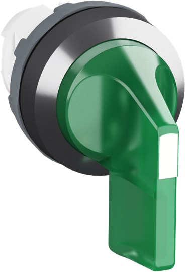 ABB M2SS431G The M2SS4-31G Selector Switch is: 2-position - Maintained - Long handle - Green - Illuminated - Chrome Metal - No contact blockThis Selector Switch is part of ABB's modular plastic range, the most versatile range with a high level of flexibility and market-leading electrical ratings. Engineered for total reliability, longer lifetime, and highest mechanical durability. Self-cleaning contacts ensure reliable operation without the need for maintenance, increasing uptime. A high degree of protection guarantees reliability in extreme environments. The innovative design simplifies the entire process, from selection to easy and quick, tool-free installation. The perfect solution for every application.