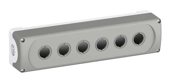 ABB MEP60 MEP6-0 Enclosure issix seats empty grey pastic enclosure This enclosure can fit both modular and compact range. Modular range can be with the unique possibility to mount up to 5 contact blocks assigned to one operator. Degree of protection: IP66 UL/NEMAtype 1, 3R, 4, 4X, 12, 13