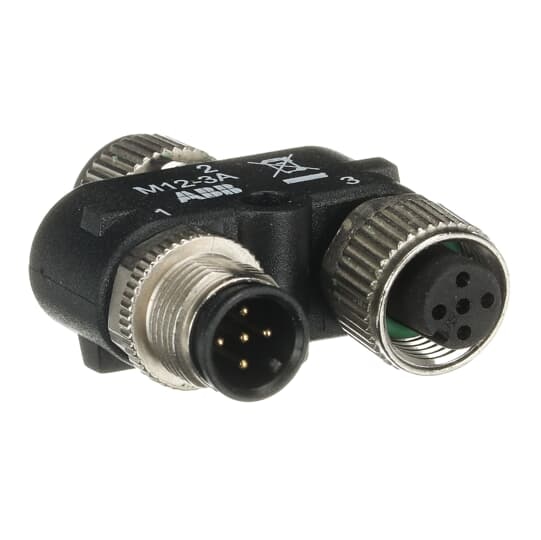 ABB 2TLA020055R0000 M12-3A is a M12 Y-connector for series connection of DYNlink devices such as Eden sensors, Smile Tina and Inca Tina emergency stop buttons, and Tina adapters. Connector #2 is a M12-5 female connector for connection of the safety device, connector #1 ia a M12-5 male connector for connection of +24VDC, 0V and the incoming DYNlink signal and connector #3 is a M12-5 female connector for continuation of the circuit towards another DYNlink safety device or safety controller/PLC.