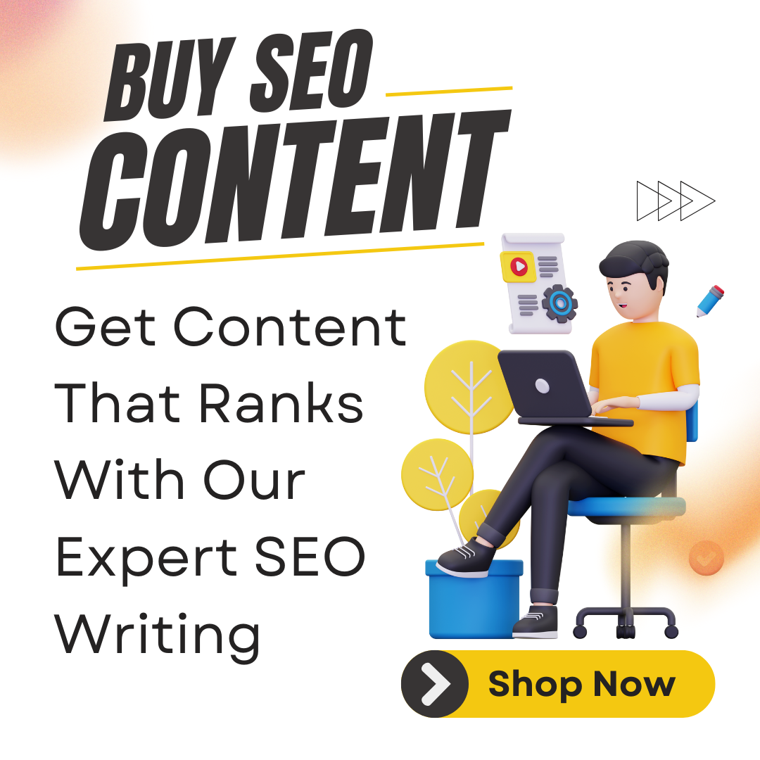 A digital promotional graphic featuring the bold headline "Buy SEO Content" with a subheading that reads "Get Content That Ranks With Our Expert SEO Writing." The image includes a 3D illustration of a person sitting at a desk using a laptop, surrounded by icons representing digital content. The layo
