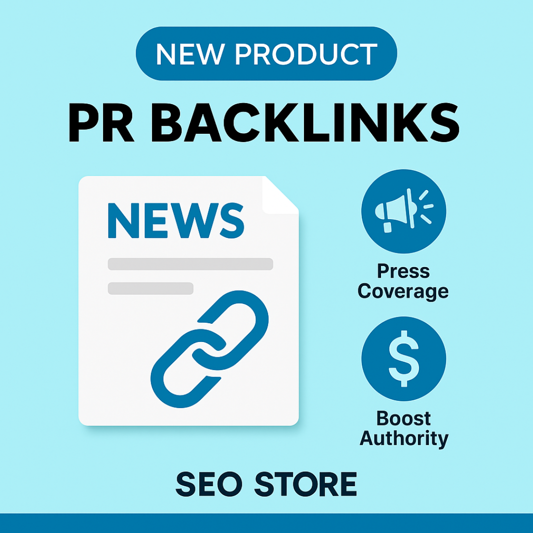 Digital graphic for SEO Store’s PR Backlinks service, showing press release elements, news icons, and a link symbol for media coverage and SEO value.