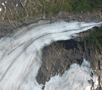 A complex network of crevasses is visible in this SkySat view of Exit Glacier collected on August 15, 2019. © 2019, Planet Labs Inc. All Rights Reserved.