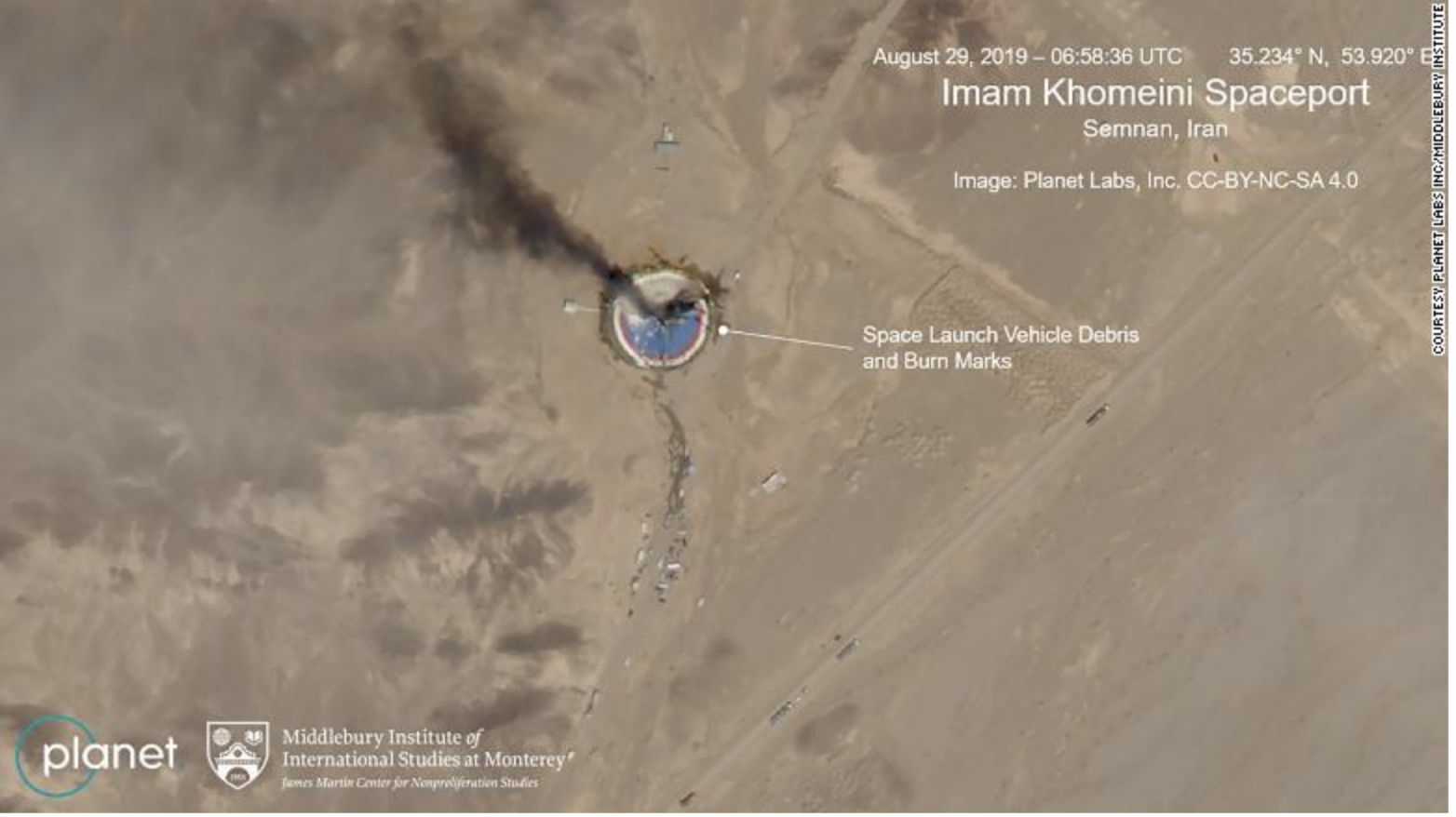 Planet satellite image showing smoke billowing from a launch pad at the Imam Khomeini Space Center in northern Iran, paired with analysis from Middlebury Institute of International Studies at Monterey
