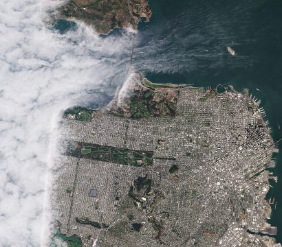 View of San Francisco (and the city's classic fog) from above, (c) 2019, Planet Labs Inc. All Rights Reserved.