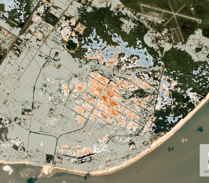 Cloud to Street used historical data and Planet’s unique analytics to show structures at risk from flooding in Beira, Mozambique. © 2020, Planet Labs Inc. All Rights Reserved.