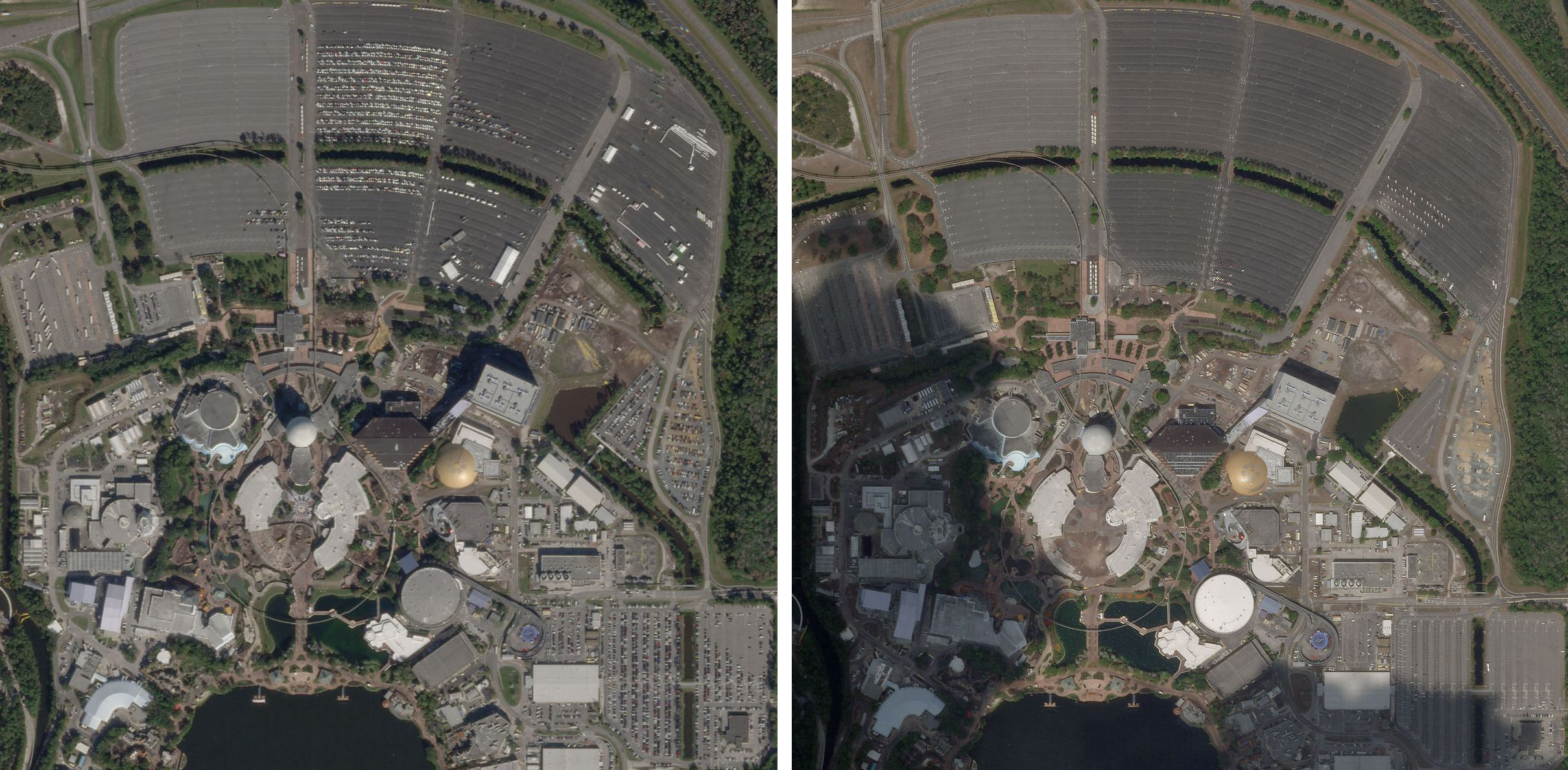 Epcot Center in Bay Lake Florida on January 6, 2020 (left) is full of park goers cars. Since COVID-19 safety measures were instated by Walt Disney Co. on March 18, 2020, the lots have continued to be empty (right). © 2020, Planet Labs Inc. All Rights Reserved.