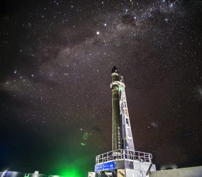 Rocket Lab's launch vehicle ​Electron sits on the pad ​at Rocket Lab Launch Complex 1 before the "It's Business Time" launch in 2018. Image provided by Rocket Lab.