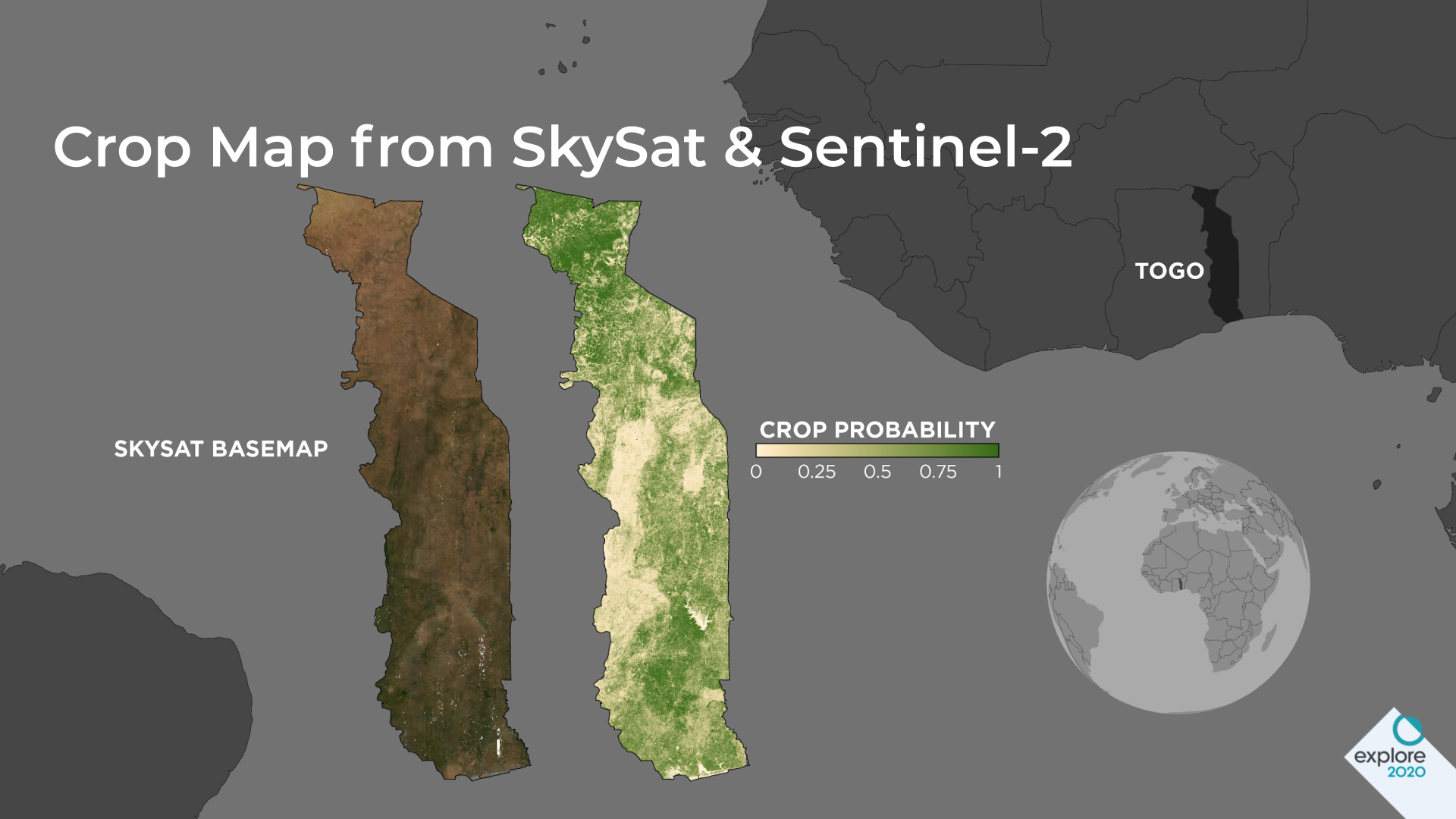 Country-wide cropland probability map and Planet's SkySat Basemap.