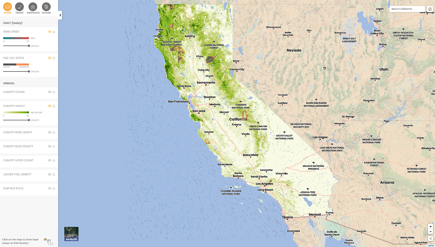 The California Forest Observatory web platform displays vegetation, wildfire, and weather data layers across the entire state, including historical data back to 2016 to visualize trends across space and time. © Salo Sciences, Inc. 2020