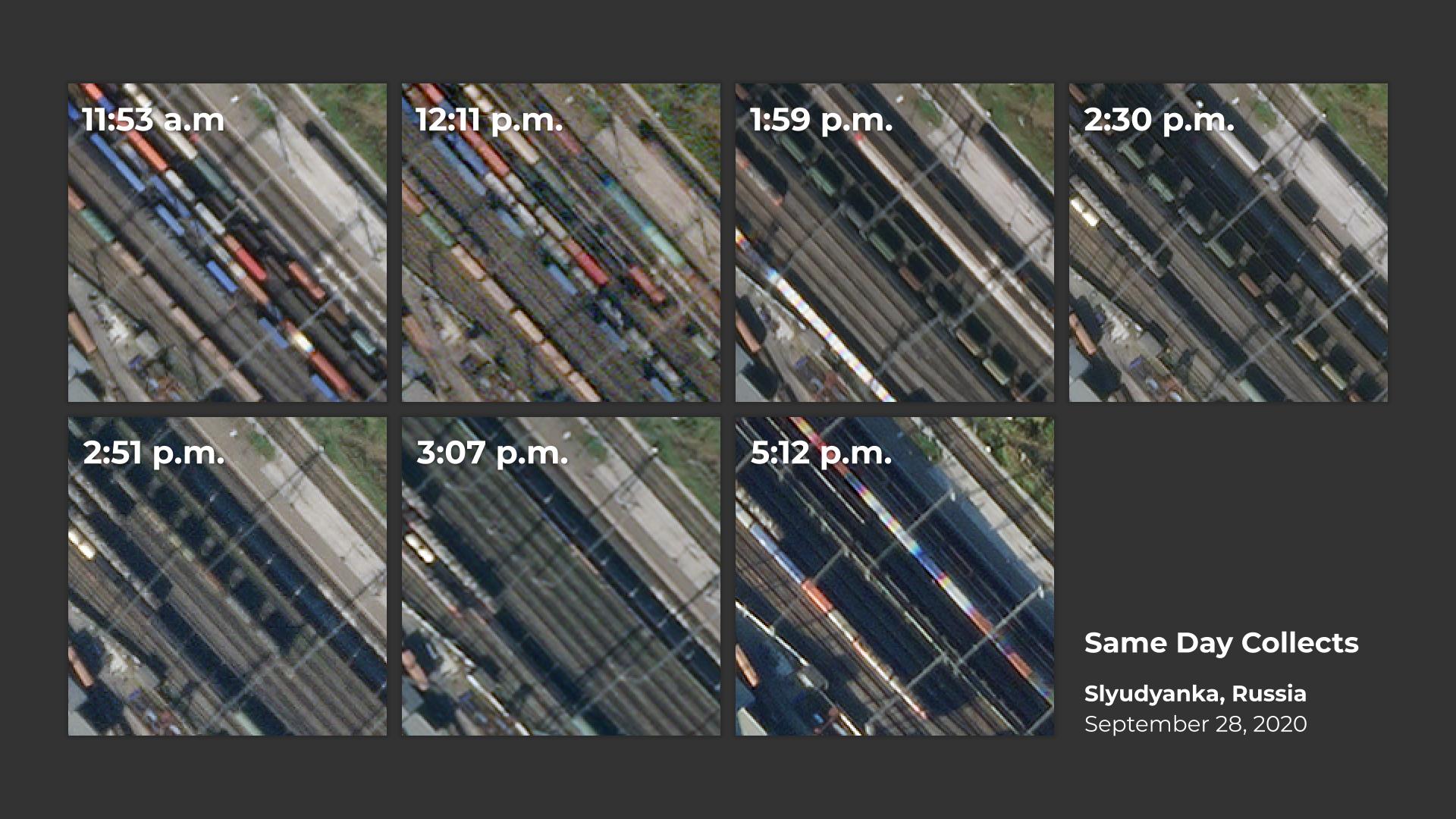 Planet’s high-resolution SkySat constellation is capable of imaging certain locations up to 12 times per day, at a global average of 7 times per day. Seen here, seven collects captured of a train station along the Trans-Siberian railway in Northern Russiaon — on the same day. 