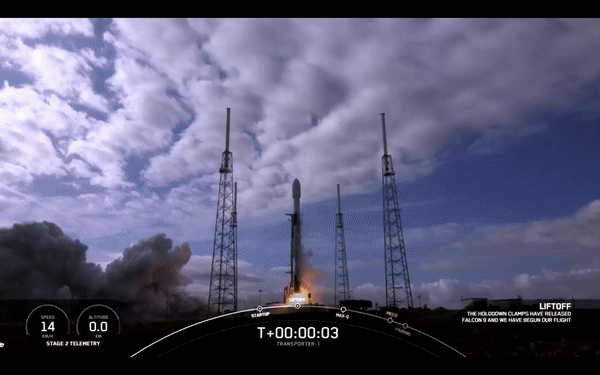 Liftoff of SpaceX's Transporter-1 Mission carrying 48 SuperDoves